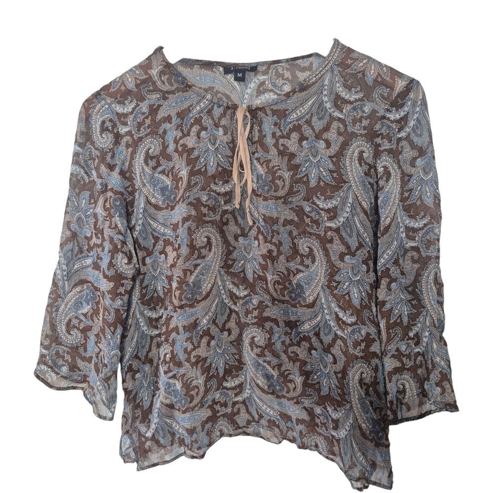 A.Cheng Vintage Y2K Blue and Brown Paisley Silk Blouse Boho Cottage Size Medium
